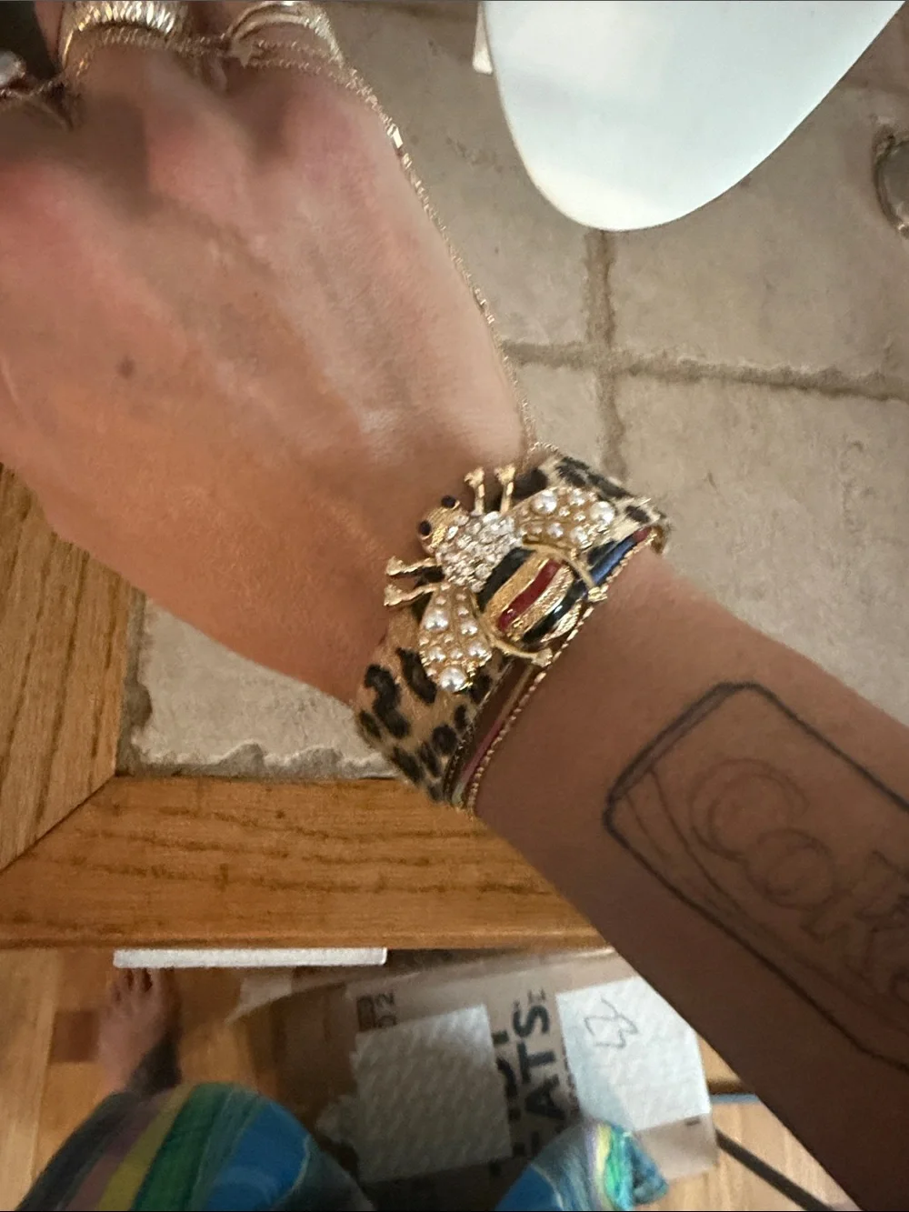 Gold Bee Pearl Accent Leopard Hair Cuff Bracelet